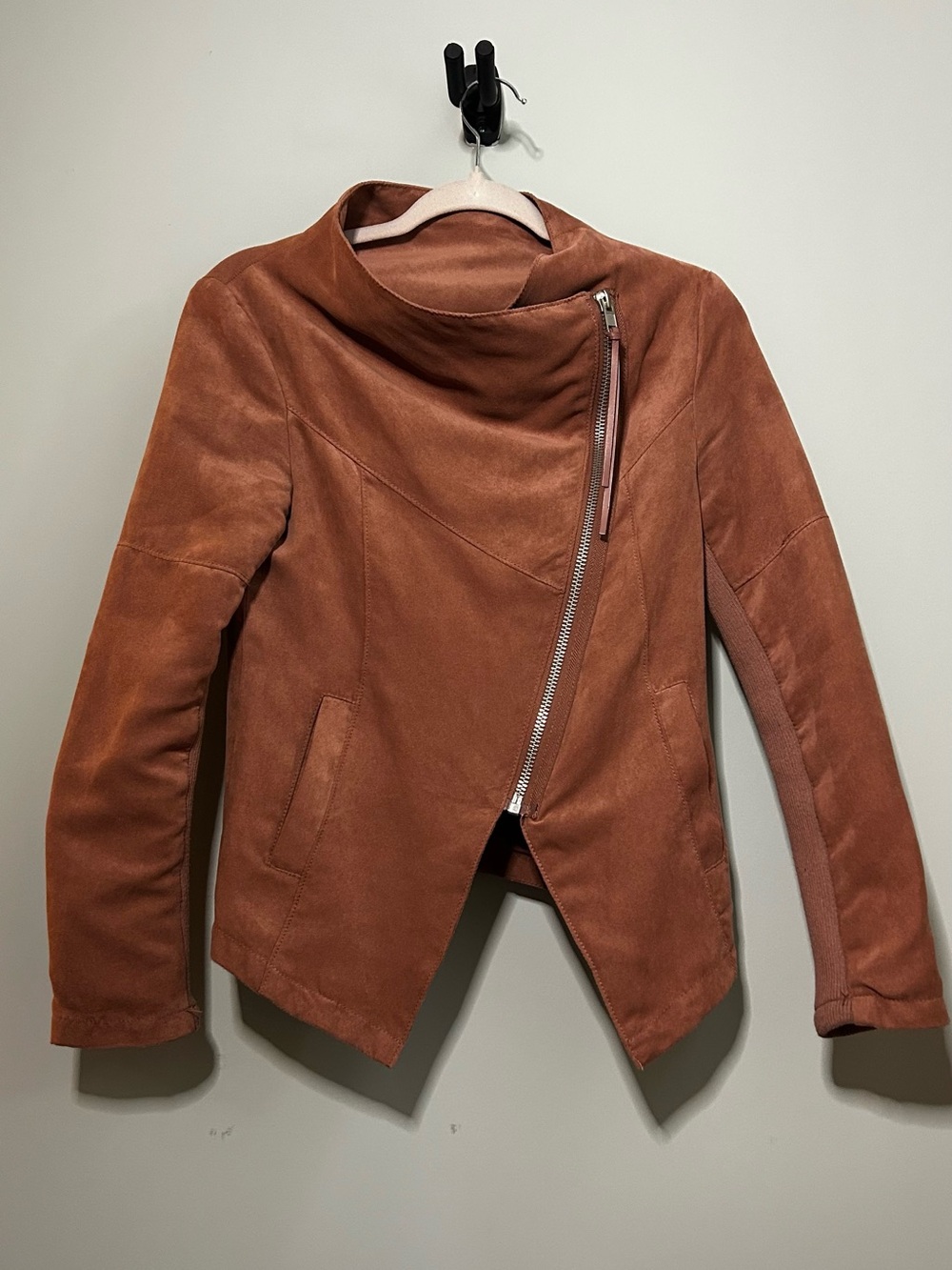 Women's Asymmetrical Zip Suede Jacket - Rust Vegan leather